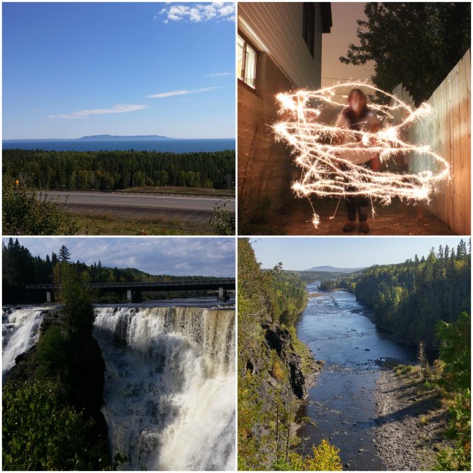 Top Row: View of the Sleeping Giant from the Terry Fox Monument, One of the photos we did using sparklers, Kakabeka Falls, and another view from Kakabeka Falls
