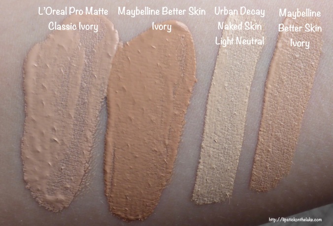 L'Oreal Pro Matte Classic Ivory, Maybelline Better Skin Ivory, Urban Decay Light Neutral